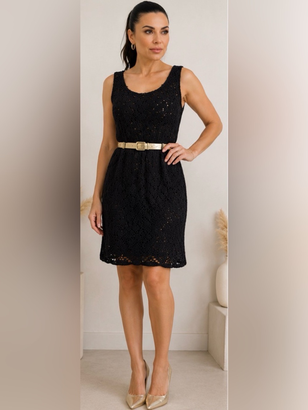 CANDIE’S BLACK LACE DRESS WITH A GOLD BELT